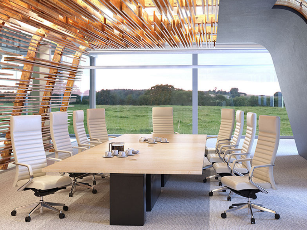 Salle de réunion agencée avec des fauteuil de direction M Paul blancs. Cette salle de réunion peut être a destination du comité directeur d'une entreprise.